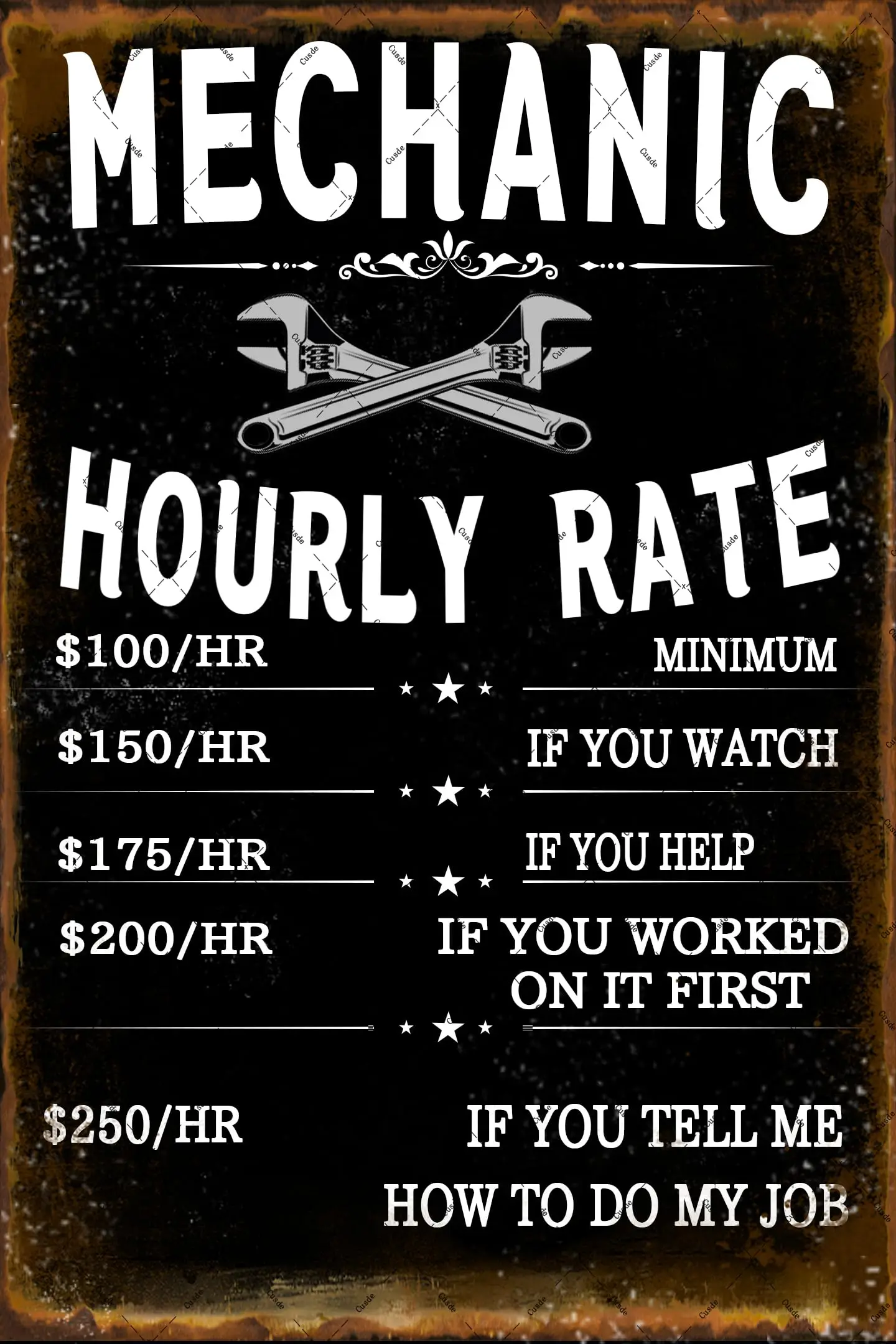Cusde Funny Metal Tin Sign Mechanic Hourly Rate Wall Decoration Mechanic Rules Wall Art Vintage Retro Posters for Room Gara sign