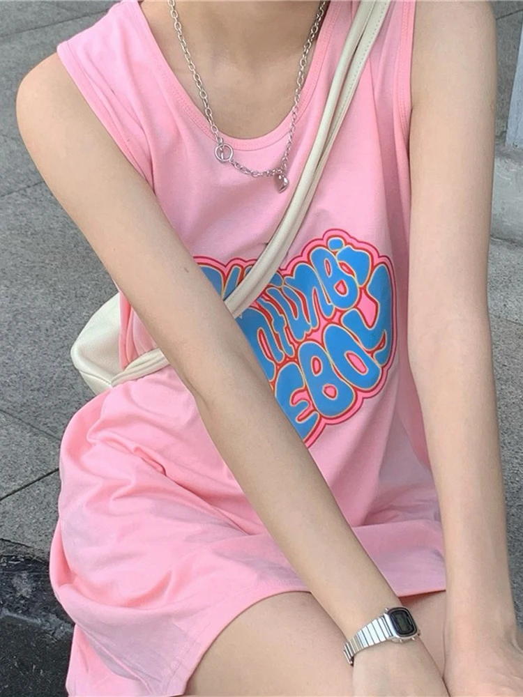 Summer Women's Sleep Dress Mid-Length Sleeveless T-Shirt Style Home Clothes Pink Korean Version Student Casual Wear