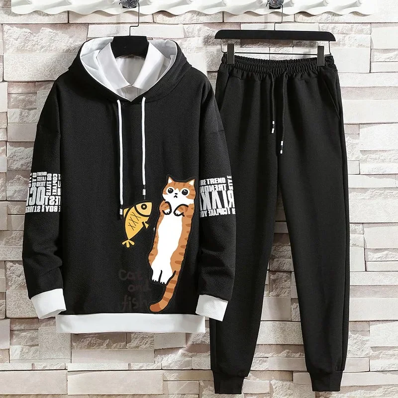 Hoodie Set Spring and Autumn Youth Large Print Cats eat fish Hoodie set hat Casual Edition Trendy Loose Men designer clothes