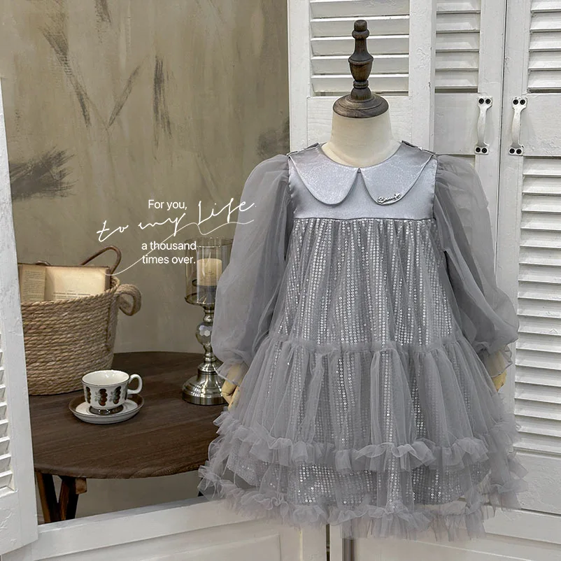 

Girls Dress 2025 Autumn New Heavy Industry Sequin Fluffy Mesh Dress High-end Dress Bow Princess Skirt