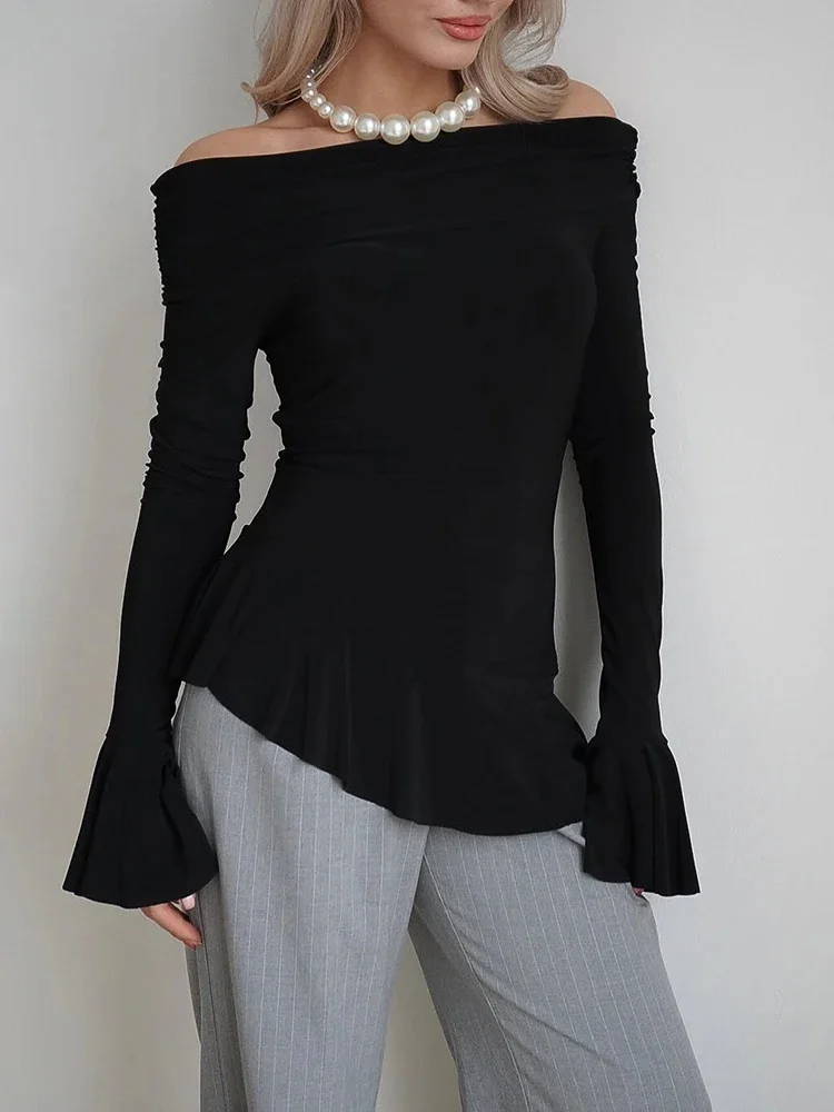 Fantoye 여성용 섹시한 오프숄더 프릴 풀오버 티셔츠, 흰색 플레어 소매, 짧은 티셔츠, 용수철 슬림 캐주얼 스트리트웨어