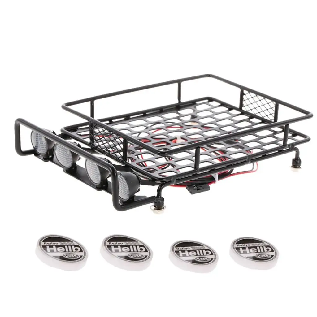 RC Car Roof Rack Iron Luggage Carrier with LED Light Bar for 1/10 Rock Crawler Truck DIY Accessories