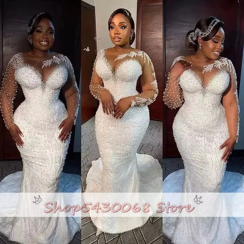 หรูหรา O-คอชุดเดรสเมอร์เมดสําหรับเจ้าสาวแอฟริกัน Appliques แขนยาวไข่มุก Aso Ebi ชุดเจ้าสาว Vestido De Novia