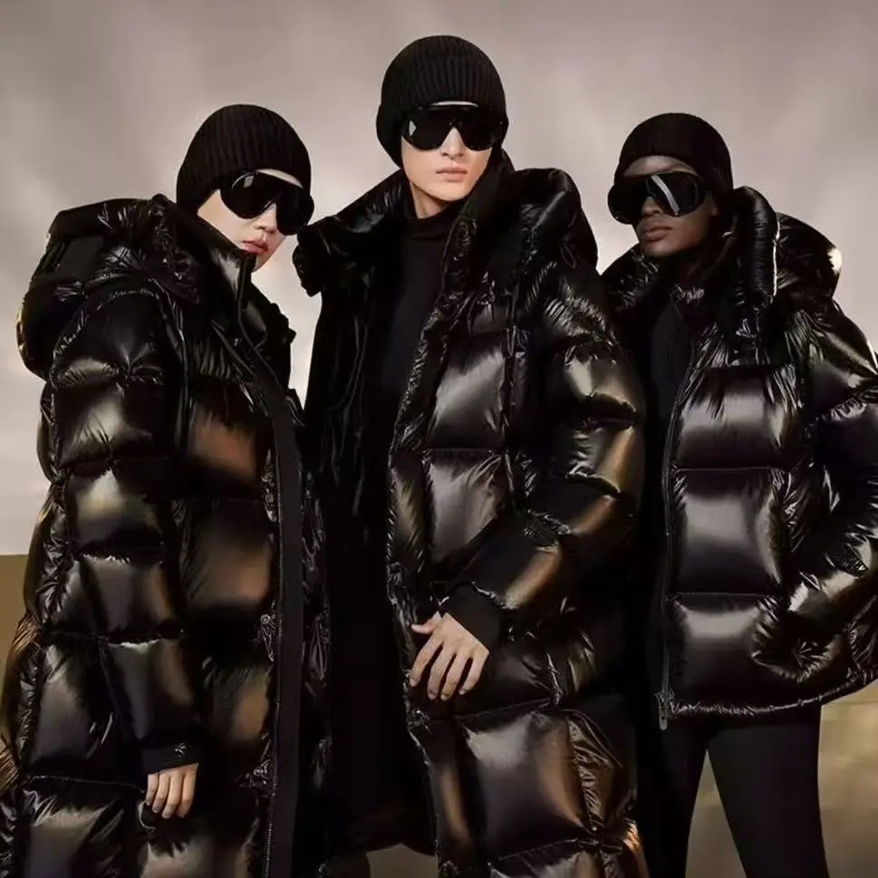 

Winter Men's Glossy Down Jacket Luxury Thicken Hooded Long White Duck Down Jacket Women Windproof Rainproof Warm Outwear