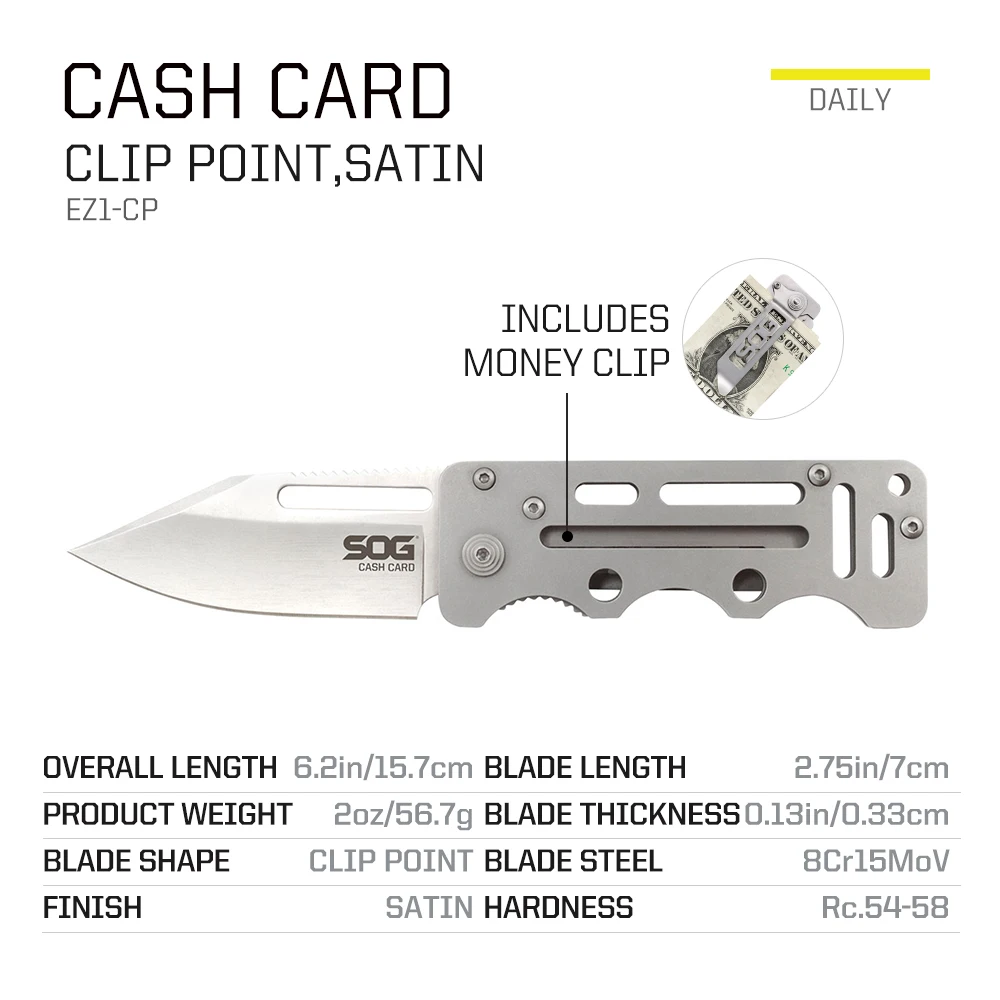 SOG Cash Card Money Clip Pocket Knife  2.75 Inch Blade EDC Folding Knife 8Cr13MoV Stainless Steel Slim Compact Everyday Carry