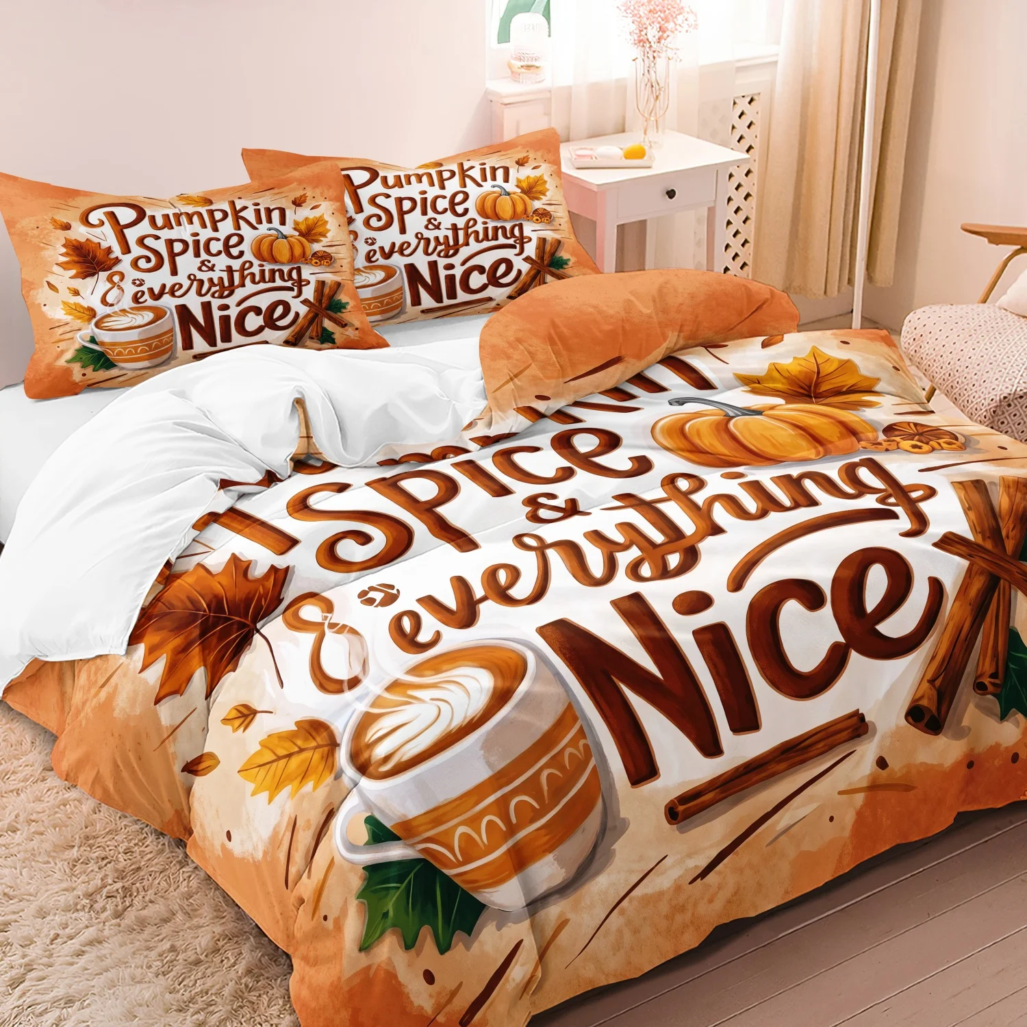 3 Pieces Pumpkin Spice Latte Duvet Cover Set, Orange Maple Leaf Cinnamon Print Bedding, For Bedroom Home Decoration