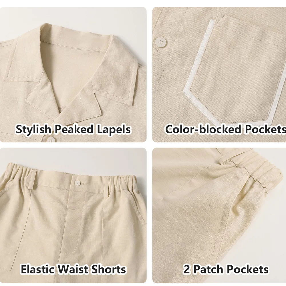 LOlanta Boys 2 Pieces Linen Set kids Short Sleeve Button Down Shirt and Shorts Summer Vacation Outfits 5-12Years