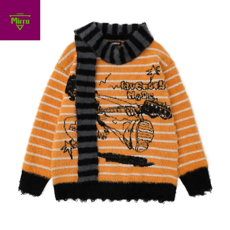 

Полосатый вязаный свитер с кисточками и мультяшным принтом и шарфом, зимняя уличная одежда большого размера, винтажный пуловер унисекс Y2k, свитер