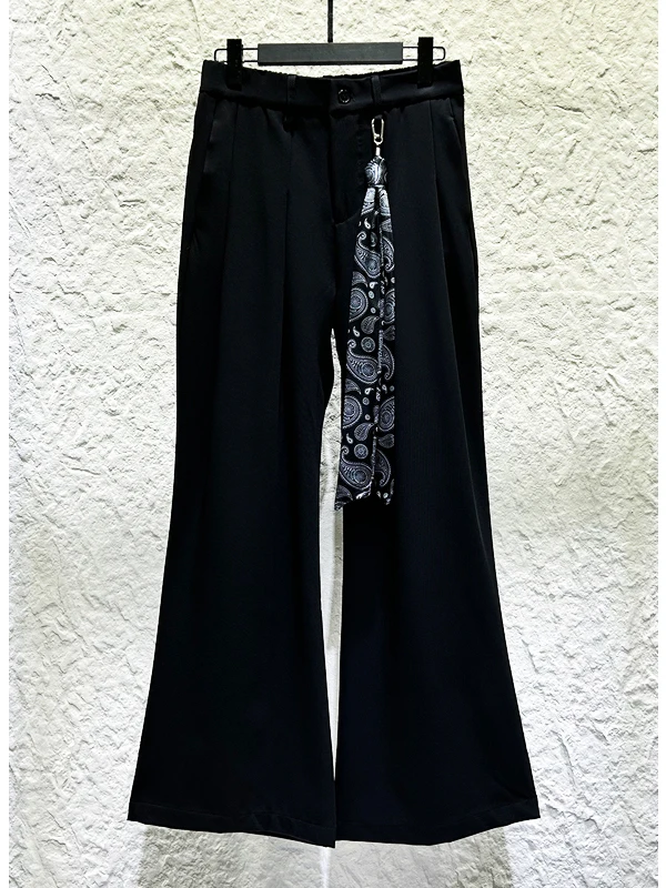 

New American Casual Black Loose Men's Pants High Waist Straight Leg Polyester Fiber Trousers with Silk Scarf Street Style