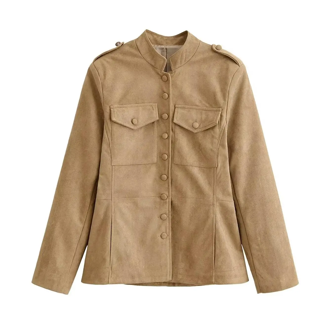 Modische Damenjacke Frühjahr/Herbst 2026, Klassisch Vintage, Wildleder, Stehkragen, Einreihig, Lässig, Vielseitig, Kurz, Streetwear