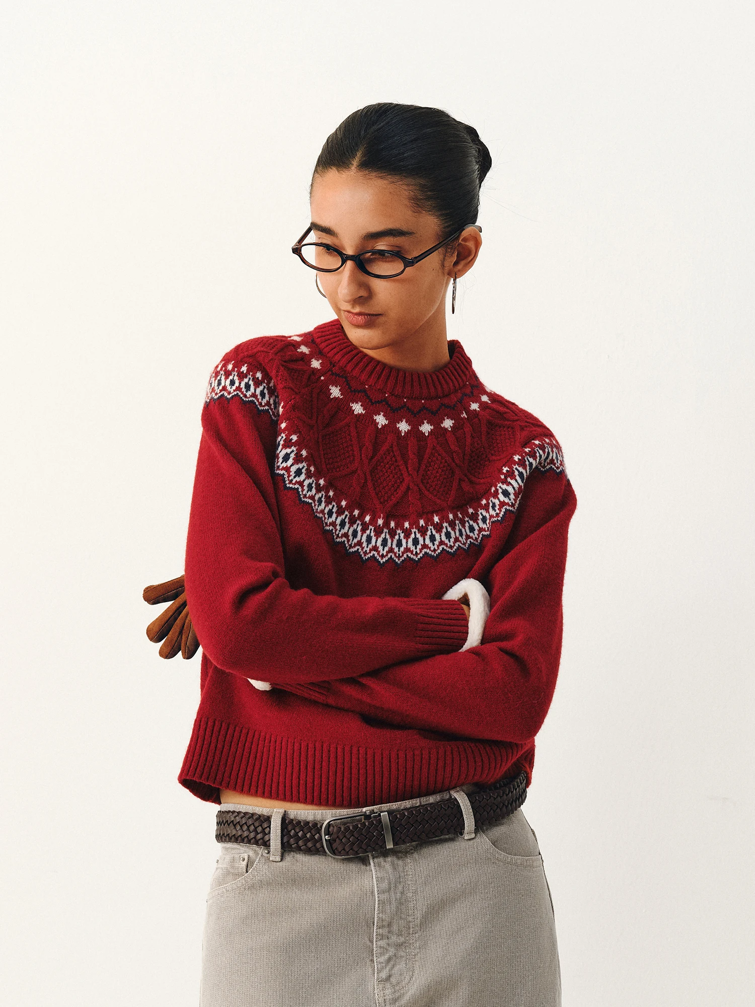 

TAYCO Polar Fce Fair Isle Cisas Red round Ne Knitted Sweater Women's Vintage Tassel Twist Knitwear Winter Long Sve