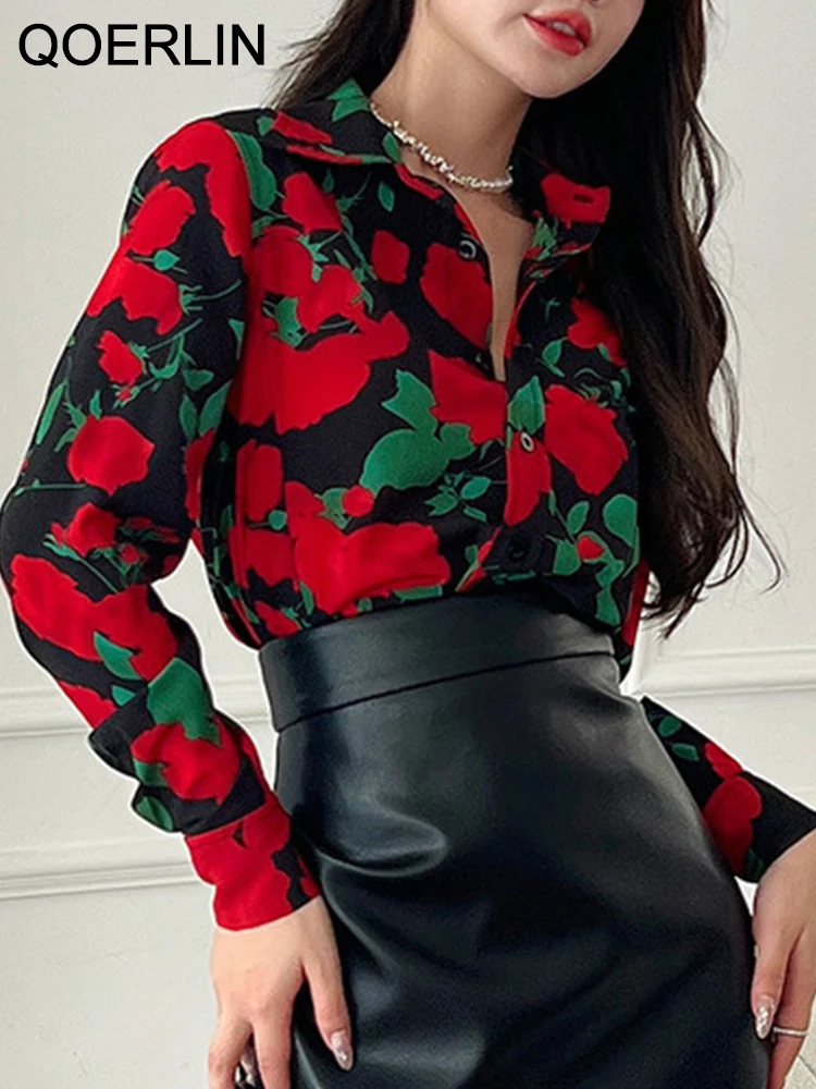 QOERLIN Black Printed Blouse Women Turn-Down Collar Single-Breasted Rose Floral Shirts Long Sleeve Fashion Tops Ladies Workwear