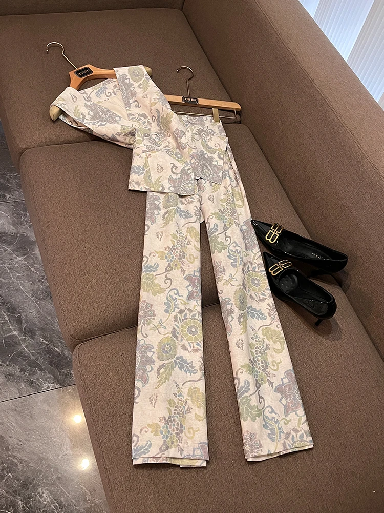 

Широкие брюки с высокой талией, шелковый комплект из двух предметов, женский летний ансамбль с принтом, легкий трапециевидный комплект