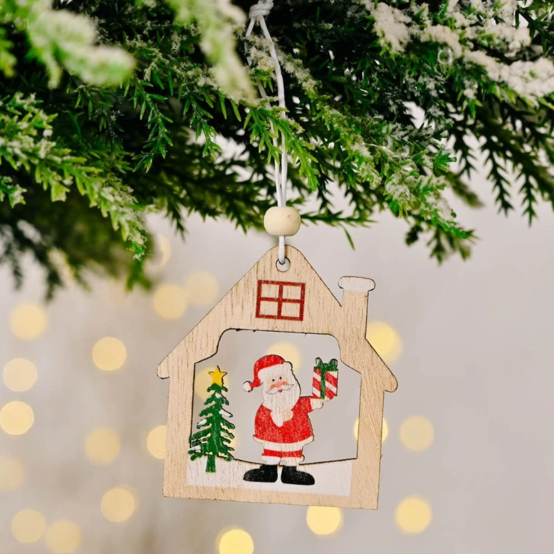 12 ชิ้นชุดเครื่องประดับต้นคริสต์มาสไม้ Santa Snowman Star House Snowflake แขวนจี้ Xmas Home Party ประตูของขวัญกล่อง