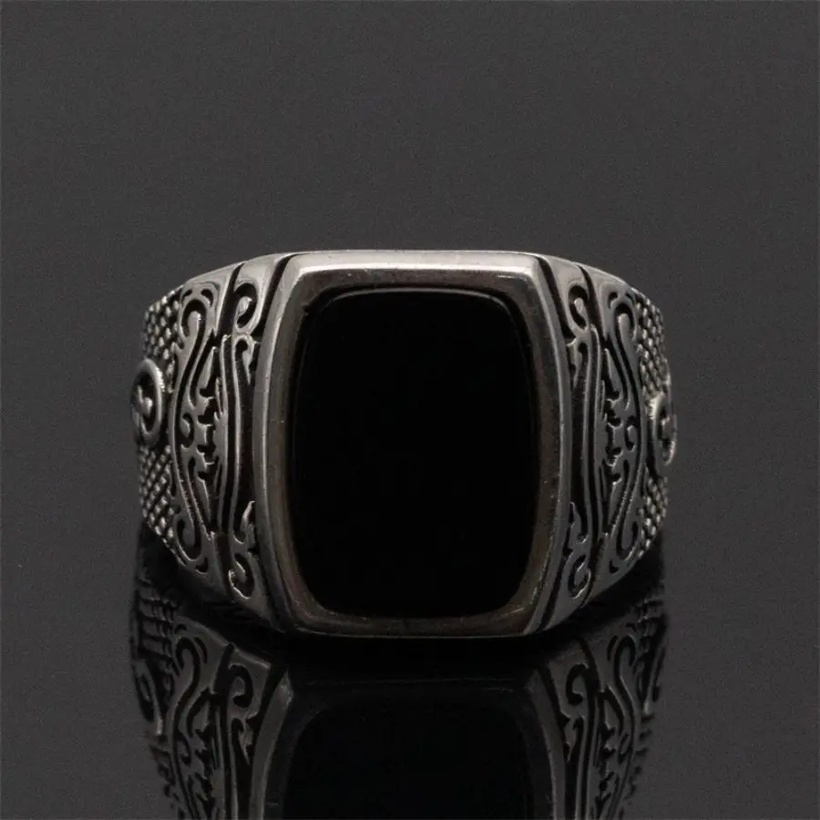 Wholesale 925 Sterling Silver Male Ring Vintage Turkish Finger Ring Natural Rectangle Agate Stone Silver Men Finger Rings