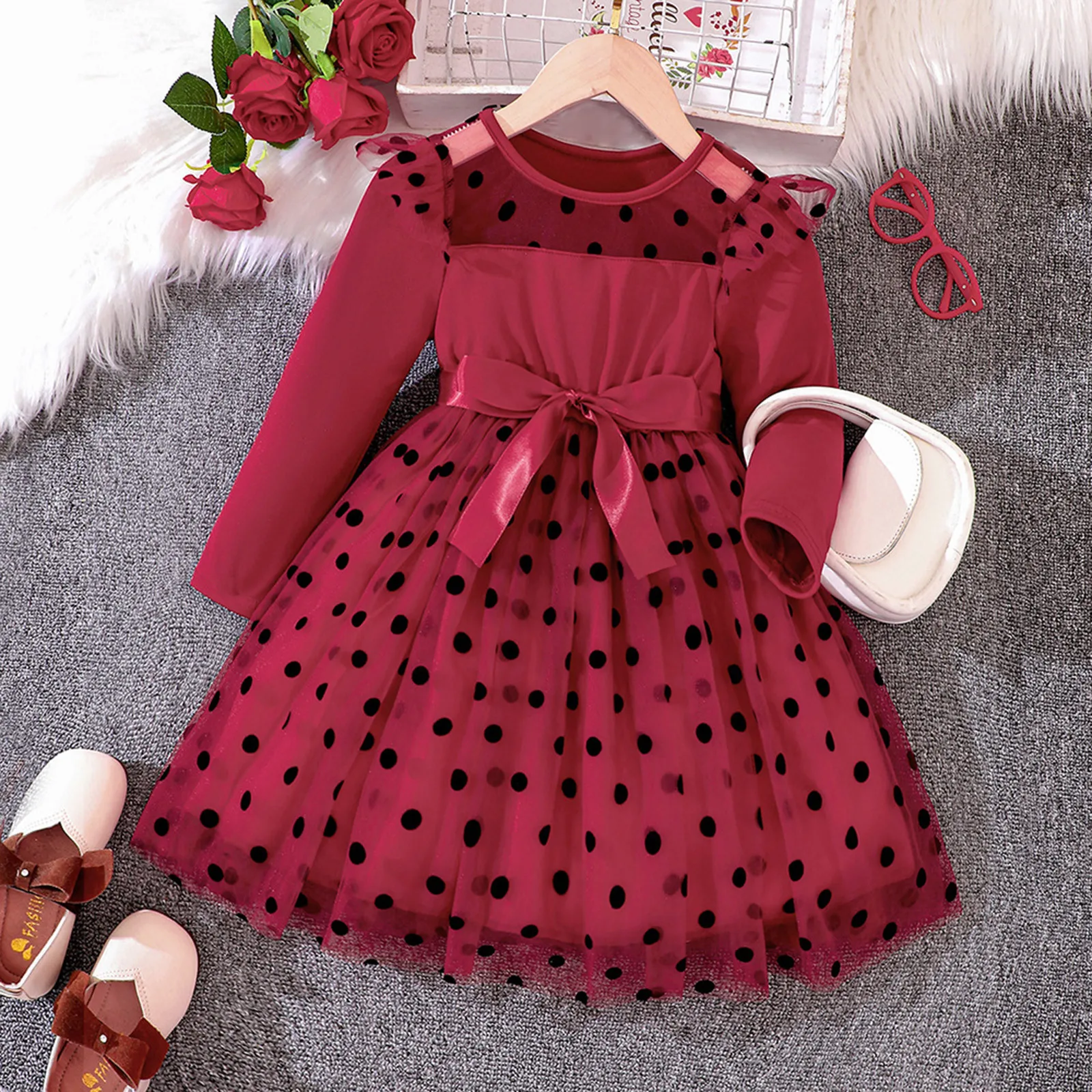 2023 Girl Long Sleeve Dress Spring Mesh Dots Print Bow Princess Party Dress Kid Clothes Toddler Girl Christmas Performance Dress