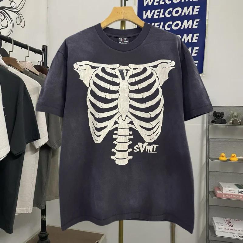 

Винтажная футболка Waed ort Sve, свободная футболка со скелетом Cra, молодежная трендовая летняя повседневная круглая футболка средней длины