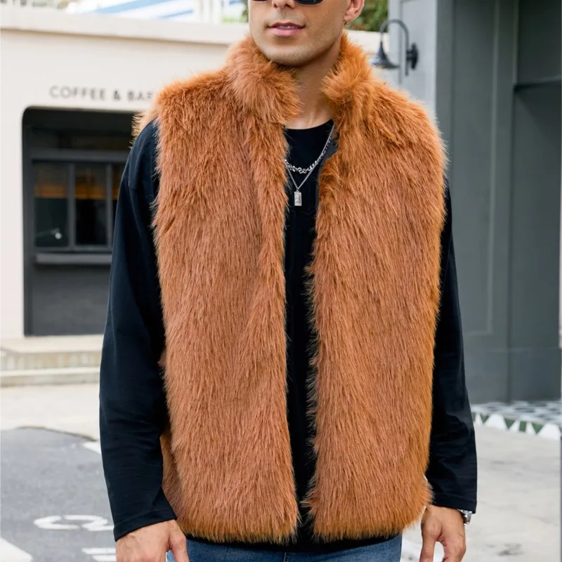 2025年冬 厚手 暖かい ゆったりサイズ ベスト ジャケット ノースリーブ ファー ふわふわ レトロ メンズ フェイクフォックスファー Vネック ベスト コート アウター