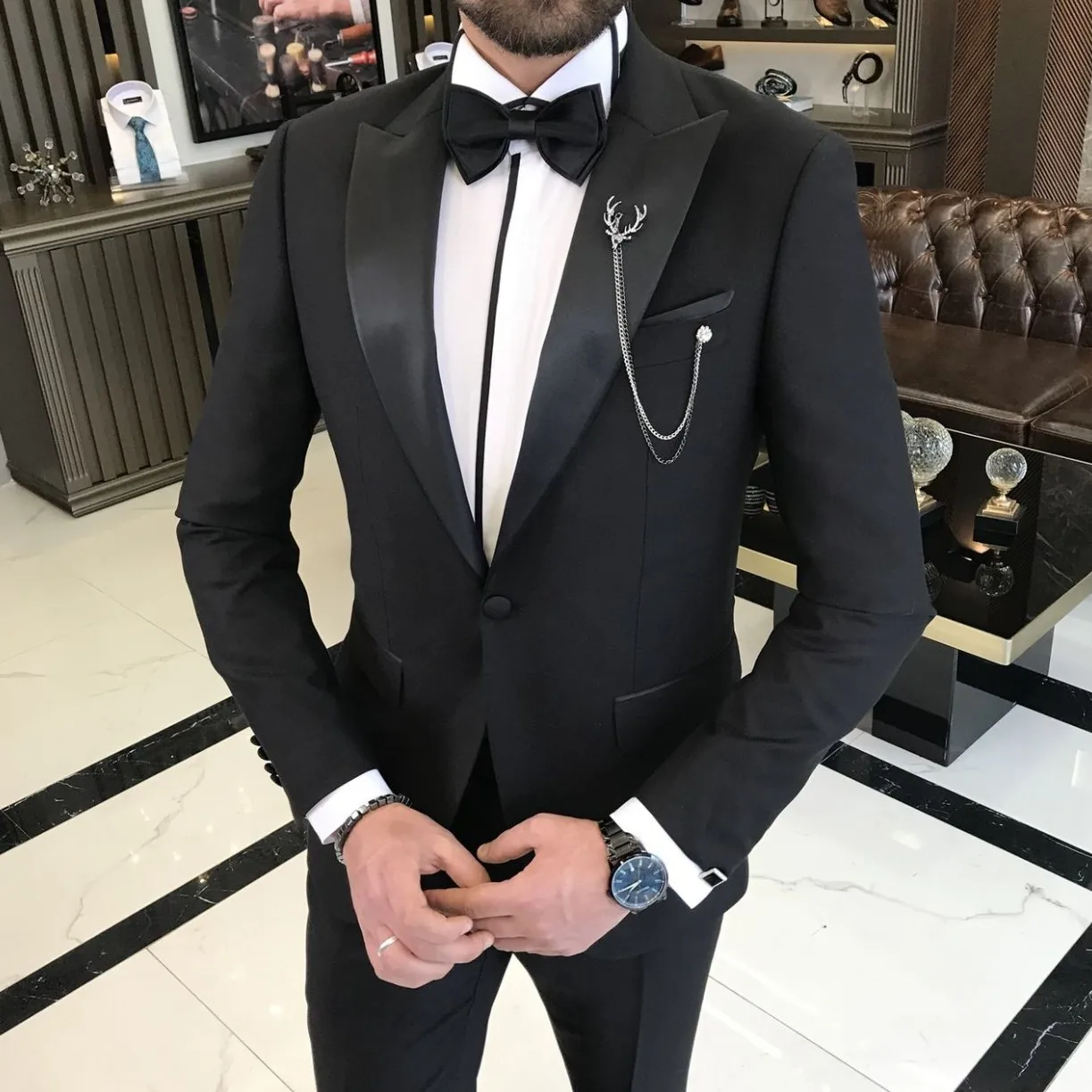 Classic Wedding Tuxedos Groom  Suits For Men (Jacket +Pants+Bowtie ) Business Black Satin Collar Covered Button