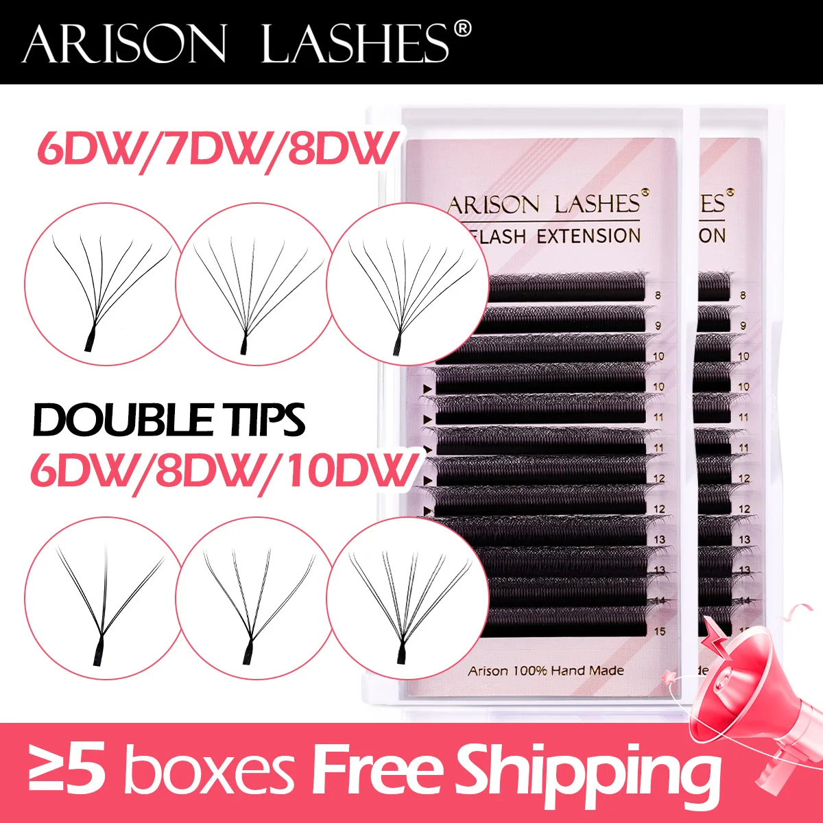 ARISON Real 6D/8D W-shape Lashes Double Tips 3D/4D Lash Automatic Flowering Premade Fans Eyelashes Extension Super Thick Eyelash