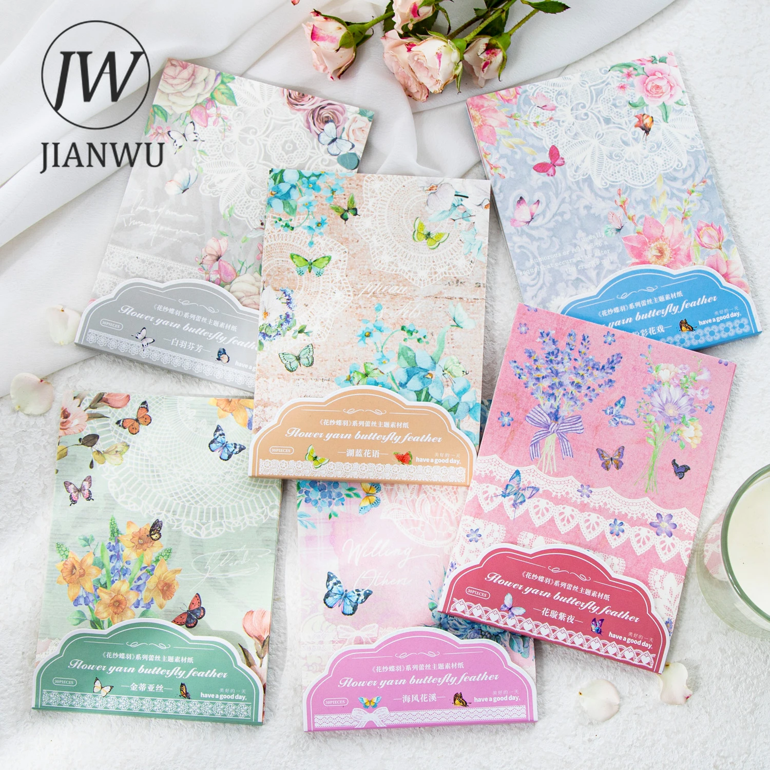 JIANWU 30 Sheets Flower Yarn Butterfly Feather Series Literary Lace Decor Material Paper Creative DIY Journal Collage Stationery