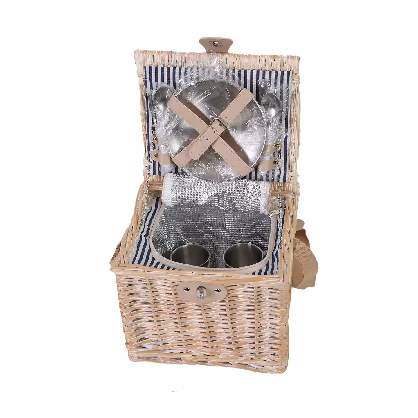 2 Person Willow Picnic Basket Set, Wicker Picnic Hamper with Stainless Steel Tableware, Cups & Insulated Lining