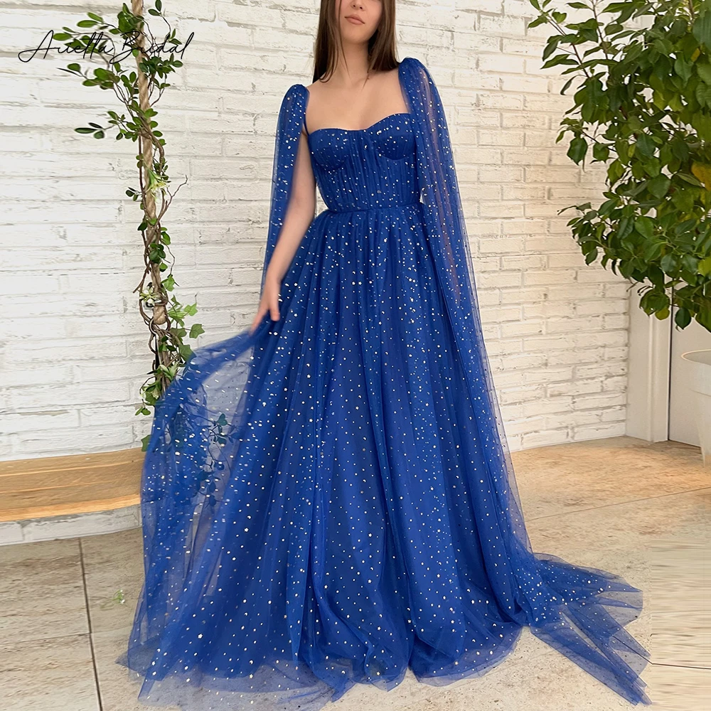 

Arietta Glitter Blue Starry Tulle Maxi Prom Dresses Long Cape Sleeves Sweetheart A-Line Formal Party Dresses 2023 Evening Gowns