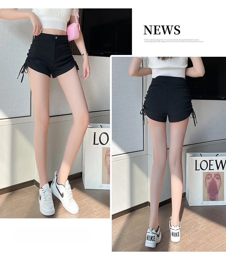 2026 Neue Frühjahr-Herbst Damen Schwarze Casual-Shorts mit seitlichem Kordelzug-Design, petite-freundlich, schlankmachend, schmeichelhaft, Outdoor-Streetwear-Shorts – Detail 8