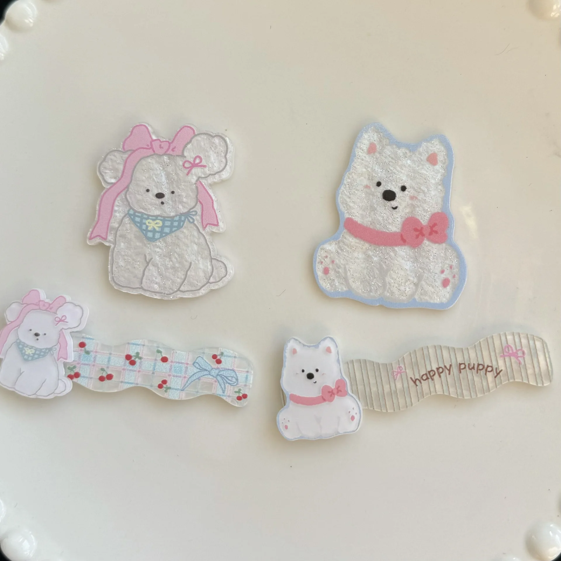 

5pcs Pink bow west highland puppy double-layer wavy acrylic accessories DIY mobile phone case patch hole shoe decoration