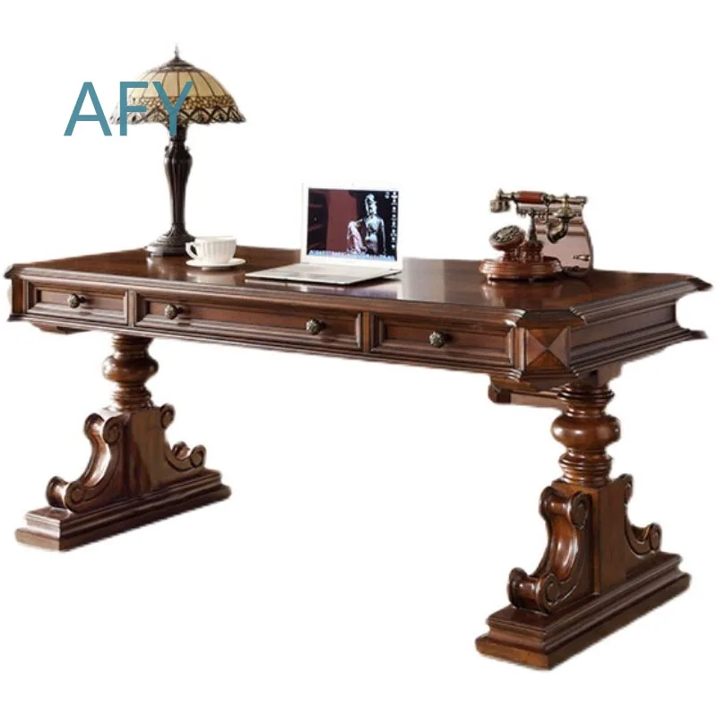 Home American Solid Wood Desk for Computer Office Study with Drawers Villa Vintage Writing Rectangular Desk High End Home