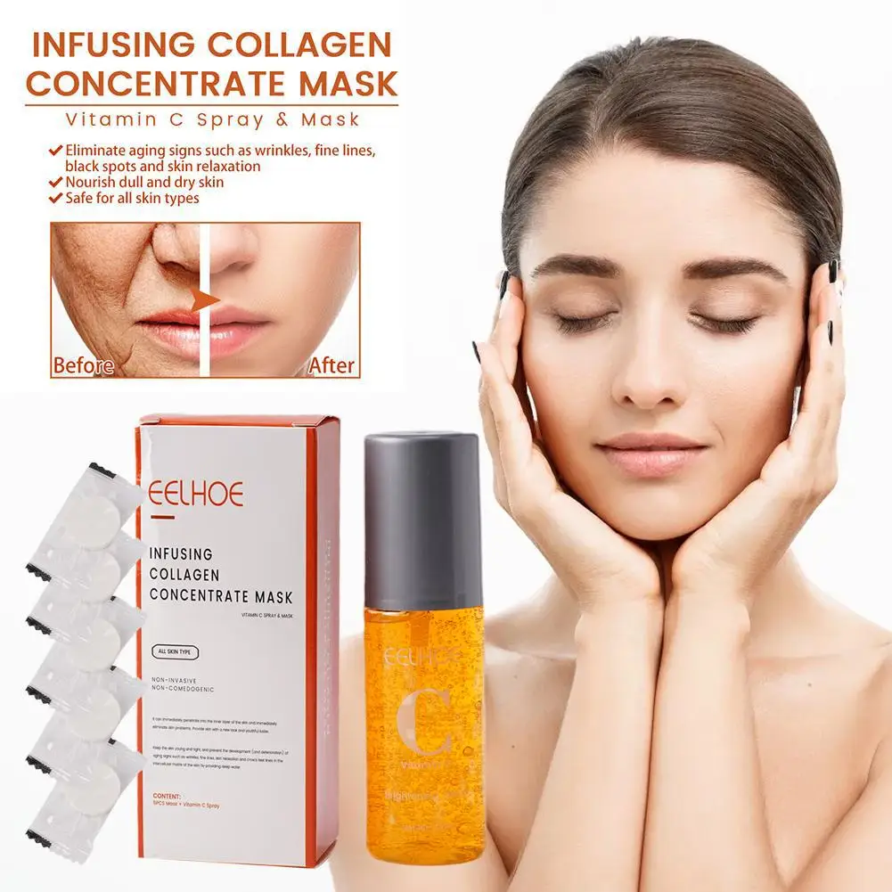 Kit de pulverizador de colágeno para mascarilla Facial, parches solubles en colágeno, hidratante, antienvejecimiento, espray de niebla, cuidado de la piel y Lifting, K8W3