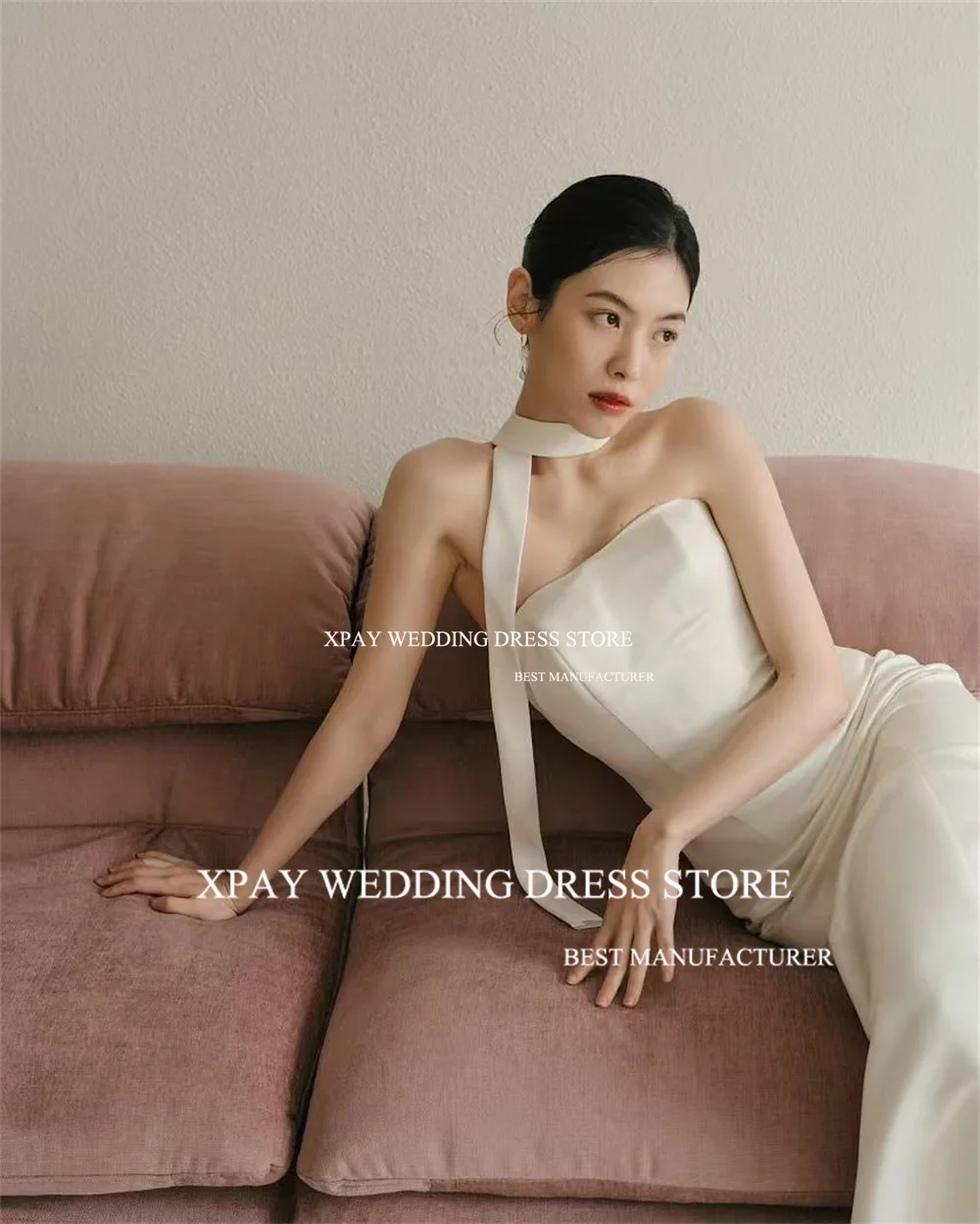 Xpay simples sem alças coreia vestidos de casamento fotos sessão personalizado sereia elástico cetim princesa até o chão vestidos de noiva