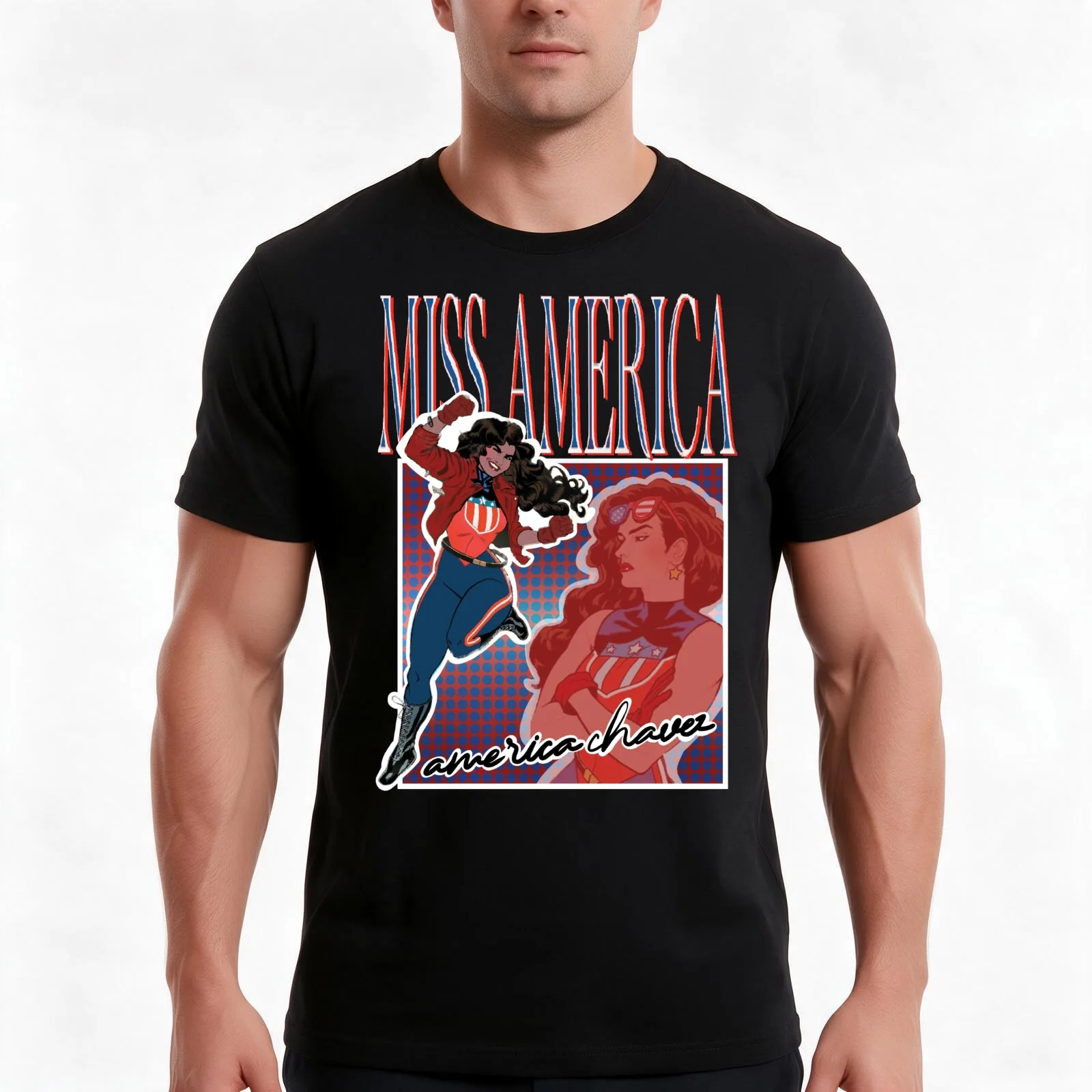 miss america america chavez T-Shirt, Summer Casual Cotton Tee, Oversized Streetwear Tops, Vintage Graphic Print, 100% Cotton