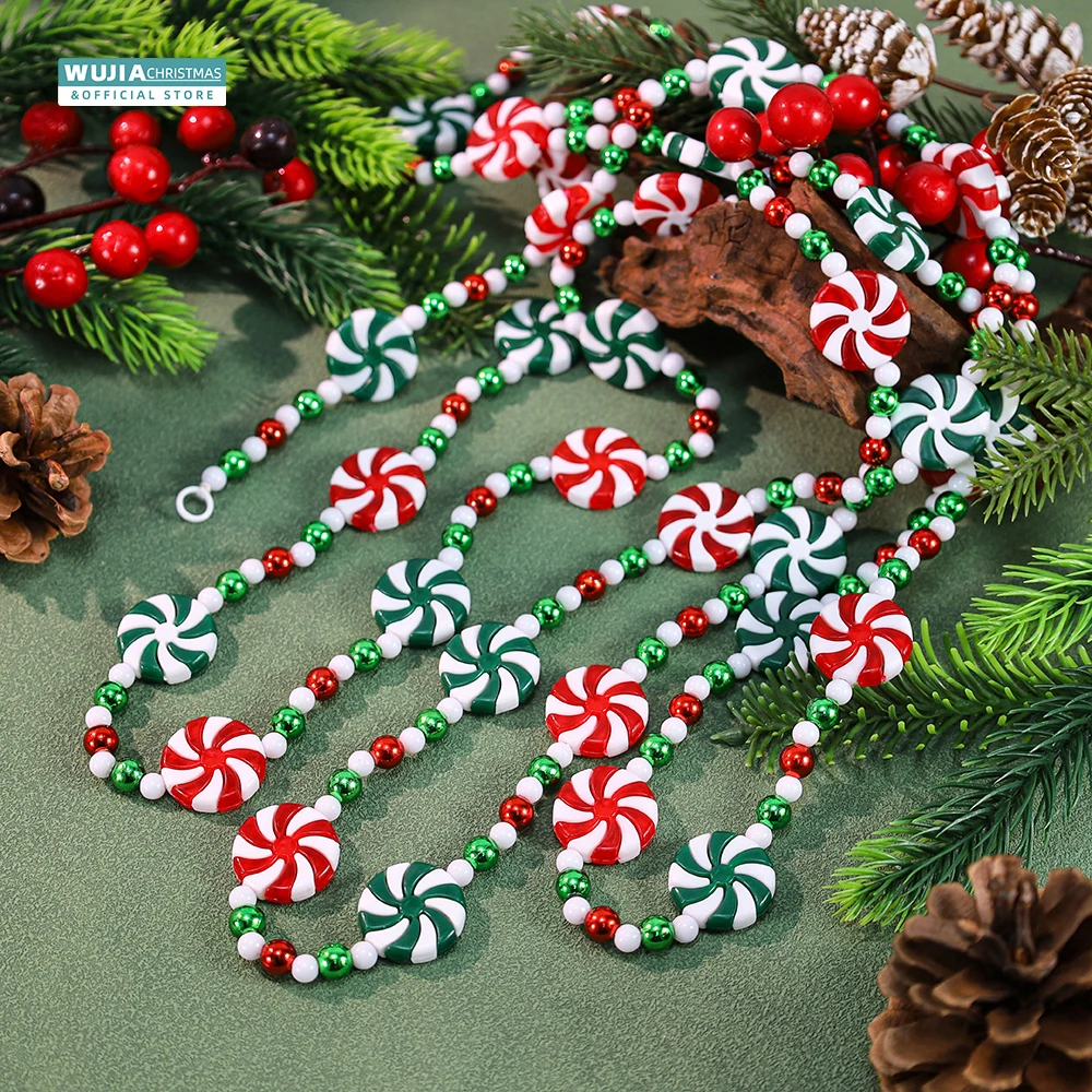 2.4M Christmas Candy Garland Peppermint Acrylic Bead String New Year Hanging Xmas Tree for Fireplace Wreath DIY Party Home Decor