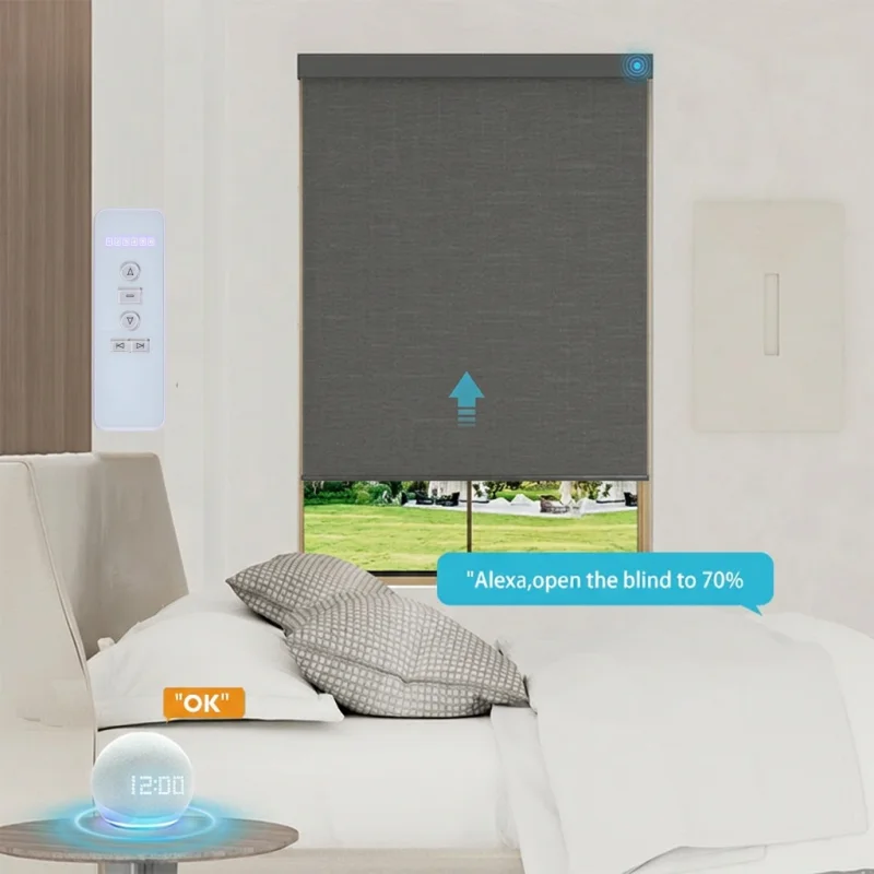Smart Wifi 100%Blackout Polyester Fabric Roller Shades Voice Control Alexa Google Zigbee Tuya Motorized Roller Blinds For House