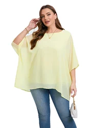 Dames Grote Maat Elegante Zomer Blouse Batwing Mouw Oversized Chiffon Blouse Ronde Hals Grote Maat Casual Tuniek Top Shirt 2xl