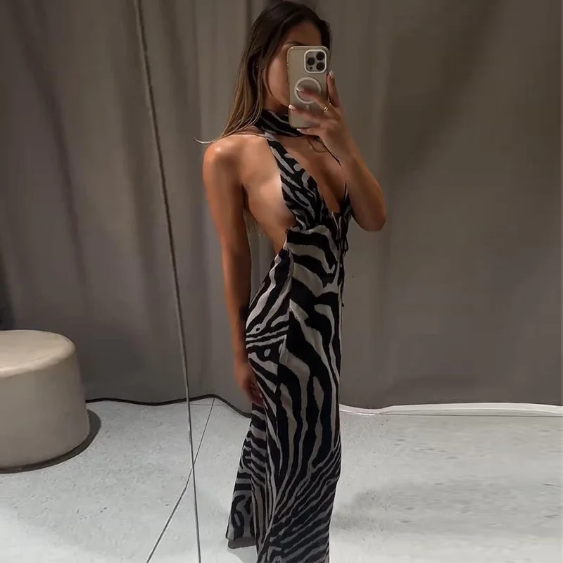 Zebra-Bedrucktes Neckholder-Maxikleid für Damen, Sexy, Ärmellos, Rückenfrei, Tailliert, Hüftbetont, Schlankes Abendkleid, Elegante Damenroben – Detail 8