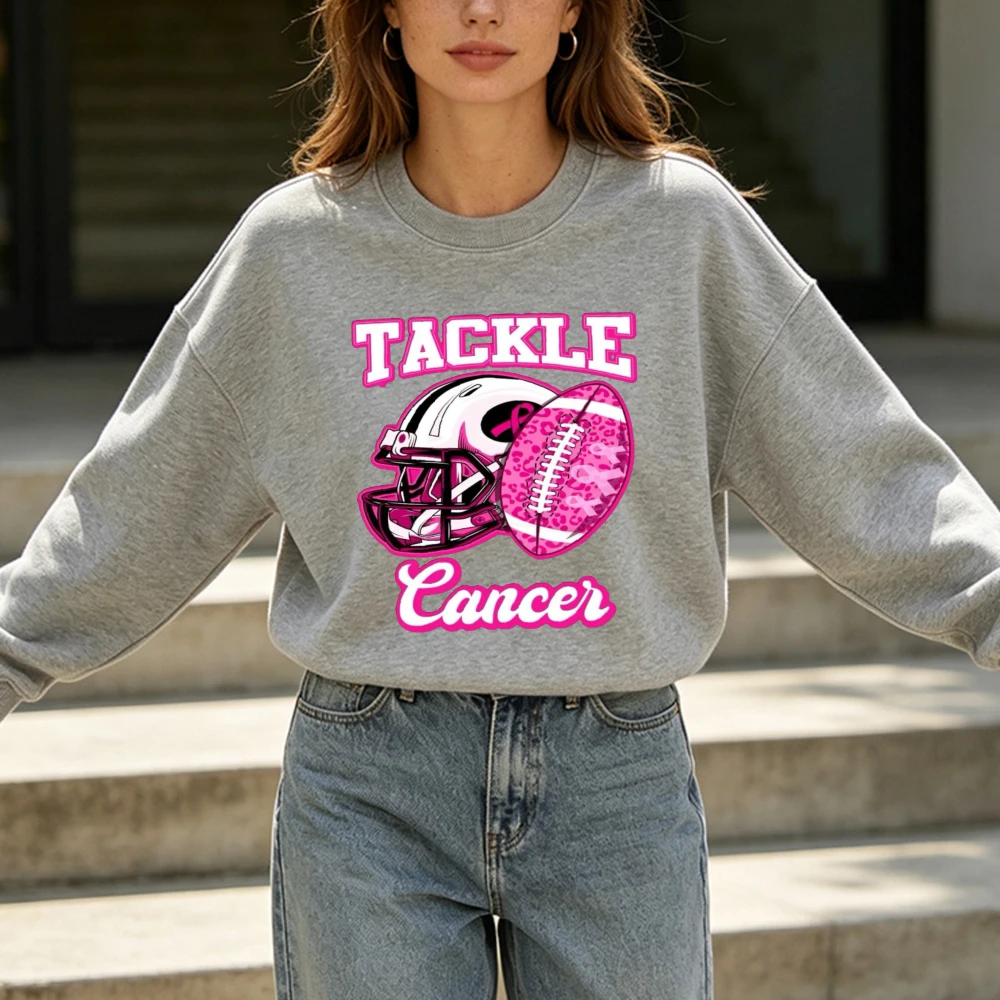 TACKLE CANCER Breast Cancer Sports Graphic Women Long Sleeve O-neck Pullover Trendy October Fall Survivor Support Street Garment