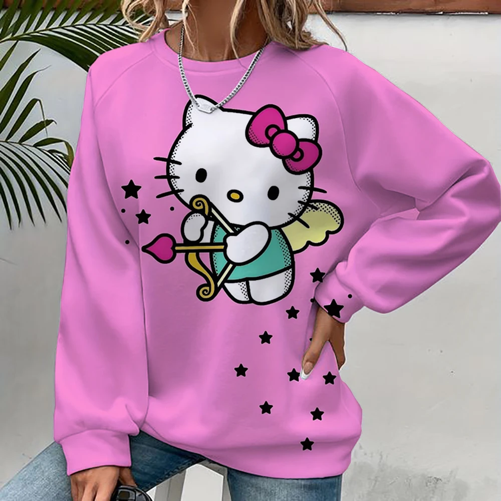 Women\'s Hello Kitty Printed Sweatshirt, High Street Women\'s Hoodie, Y2K Pattern Clothing, Casual Round Neck Sweater