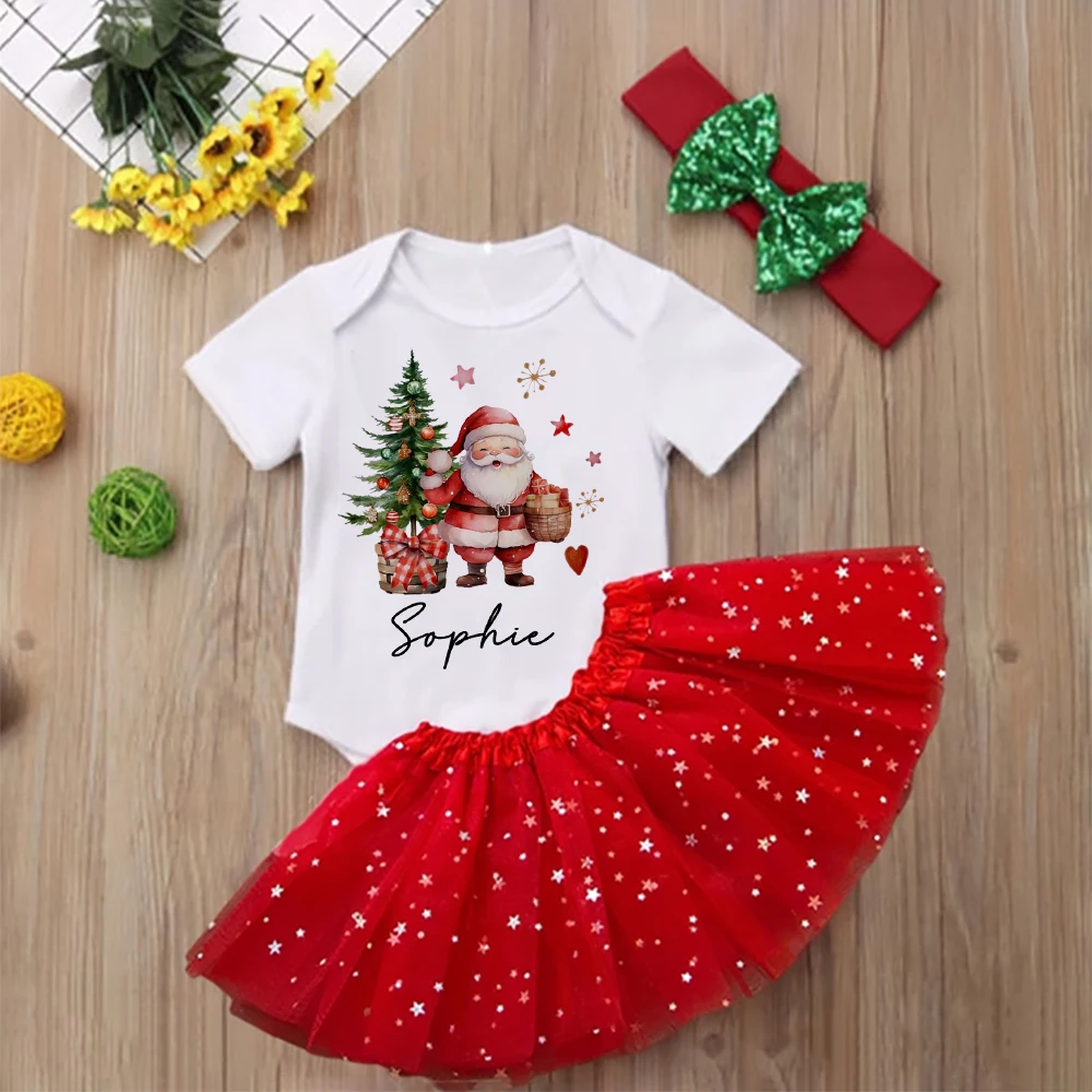 Personalized Christmas Baby Girl bodysuit + Dress Set Custom Name Tutu Cake Dresses & Romper Outfit Toddler Girls Xmas Jumpsuit