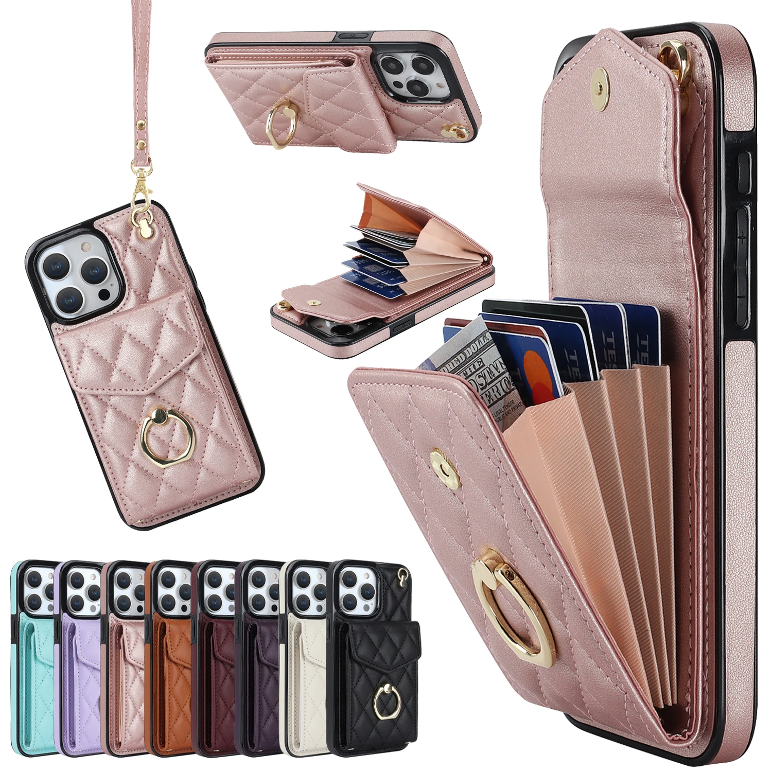 Crossbody Wrist Strap Leather Phone Case for IPhone 13 12 Mini 16 Plus 15 14 11 Pro XS Max XR X Wallet with Card Holder  Cover