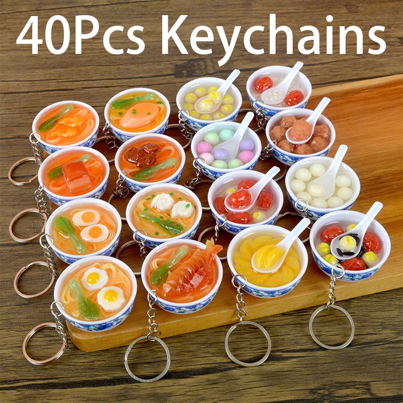 40Pieces Simulation Food Key Chains Noodle Keychain Chinese Blue And White Porcelain Food Bowl Mini Bag Pendant