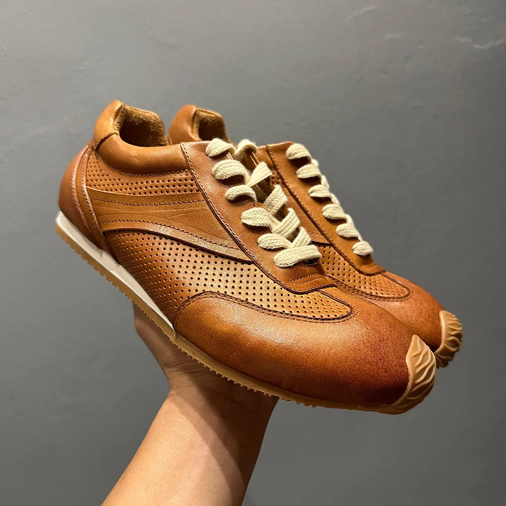 Men's Leather Sneakers Breathable Hollow Design Classic Trendy Sports Shoes Perforated Casual Footwear