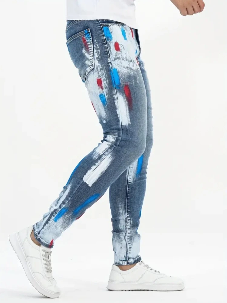 Men's Skinny Stretch Jeans Red/Blue Ink Splash Design Trousers Streetwear Fashion Motorcycle Riding Denim Pants for Men
