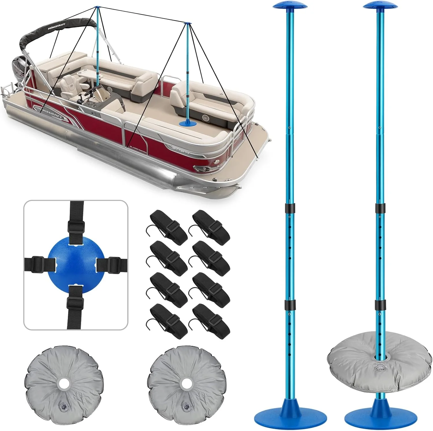 Boat Cover Support Poles Adjustable Boat Cover Pole Support System - Pontoon Cover Support Pole with 8 Webbing Straps & 2 Water
