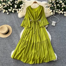 Sweet Dress Flare Sleeve V Neck Print Ruffle Lace-up Clothing French Beach Vacation Women Korean Fashion Summer Long Dresses