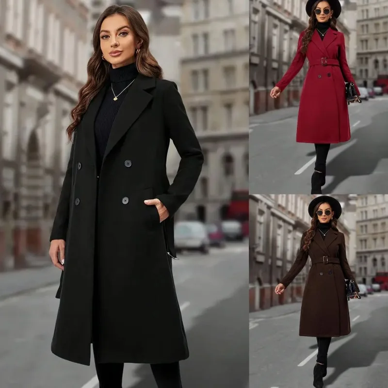 

2026 Fashion Solid Color High Street Women's Clothing New Double-breasted Belt Slim Jacket Long Woolen Coat Trench Coat Women
