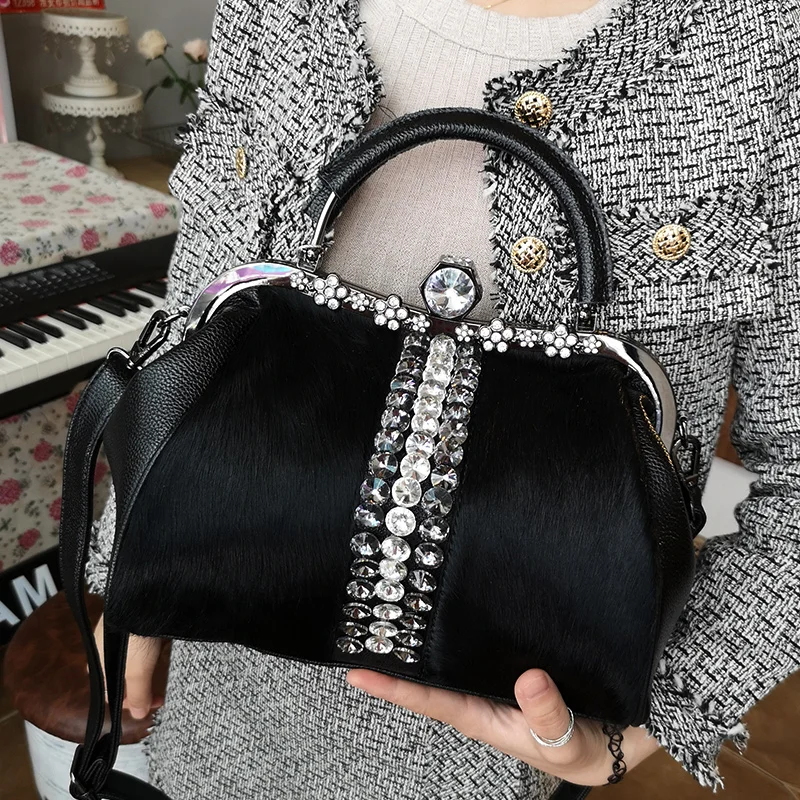 Luxury Fashion Cowhide Leather Women Handbag Ladies Diamond horse hair Evening Bag Shoulder Messenger Saddle Bags Female New