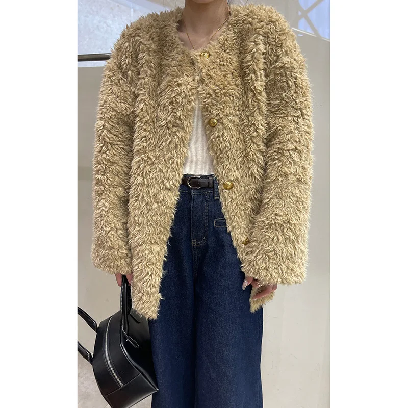 Casacos de pele do falso feminino em torno do pescoço casaco de comprimento médio grosso quente y2k streetwear elegante ponto aberto outono inverno jaquetas