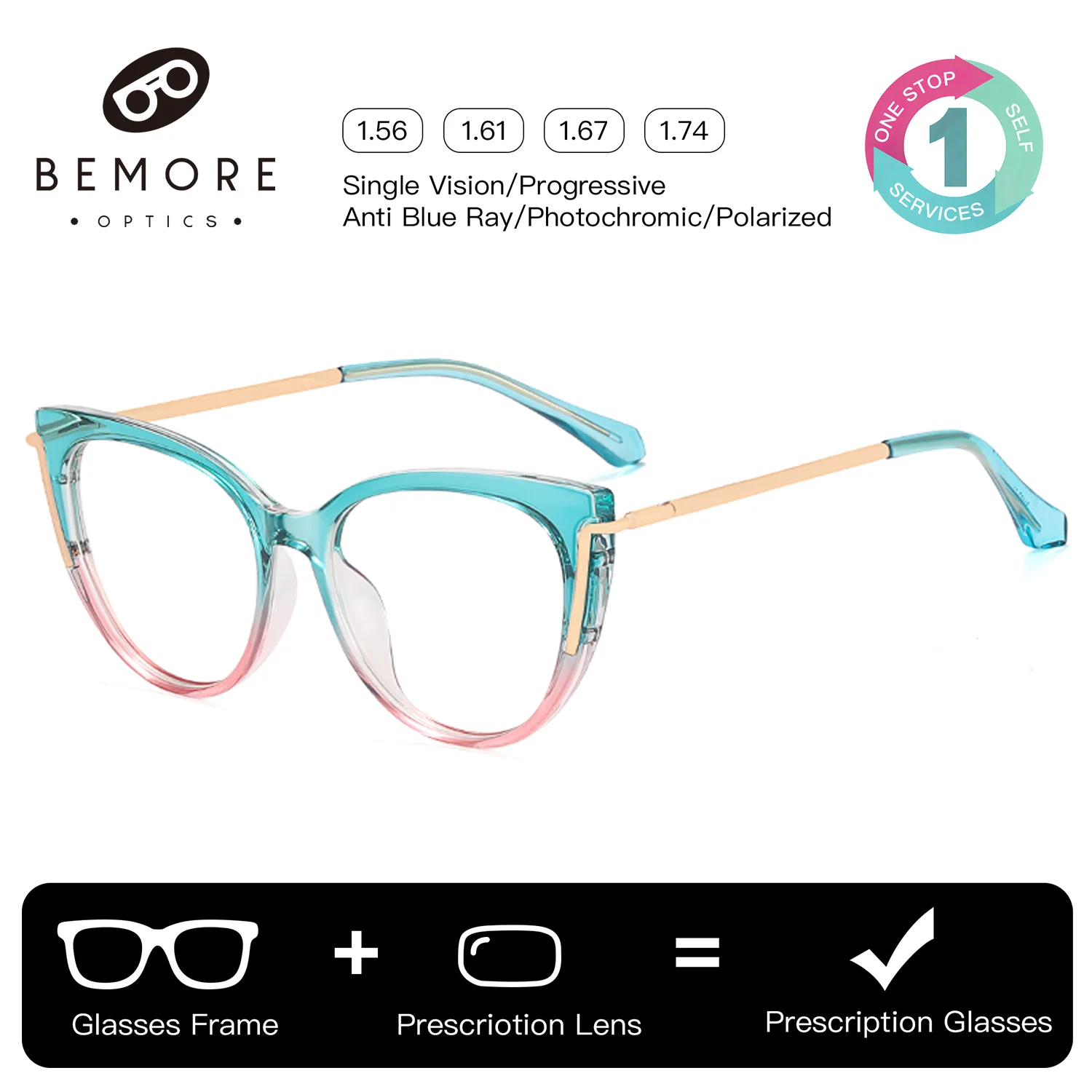BEMORE Butterfly TR90 Metal Prescription Glasses Anti-Blue Light Photochromic Corrective Women's Optical Eyewear